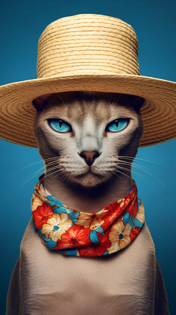 Portrait of a cat wearing a hat and a colorful scarf. Blue background.の素材