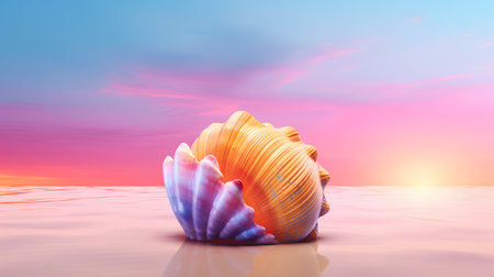 Conch shell in the sea at sunset. 3D illustration.の素材