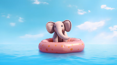 cute elephant in an inflatable ring in the sea 3d renderの素材