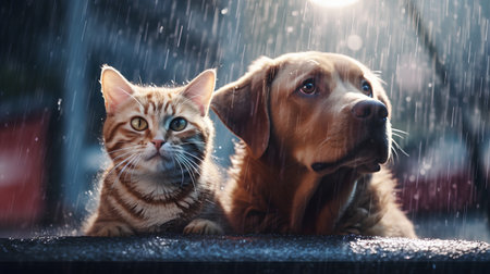 Cat and dog together under the rain. Cat and dog in the rainの素材