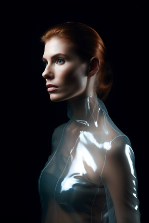 beautiful redhead woman with transparent bodyart isolated on black backgroundの素材