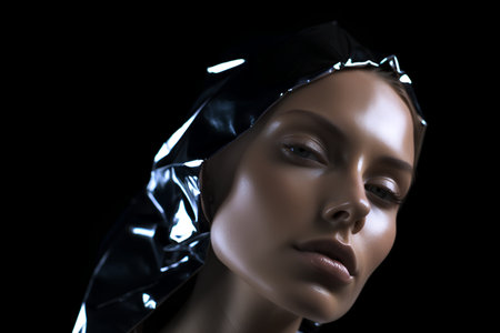 3d rendering of a woman in a plastic bag on a black backgroundの素材
