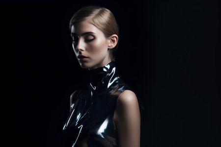 beautiful young woman in black latex on black background, sensual lookの素材
