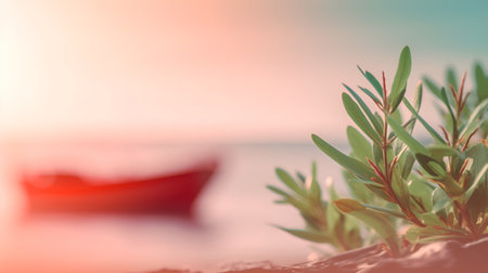 Green grass and red boat on the seashore at sunset.の素材