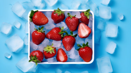 Strawberries in a white bowl with ice cubes on blue backgroundの素材