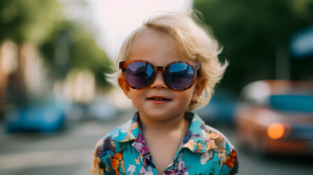 Portrait of cute little boy with blond hair in sunglasses on the streetの素材