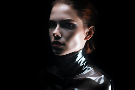 Portrait of a beautiful girl in a black latex suit on a black backgroundの素材