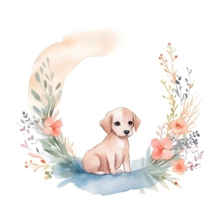 Watercolor cute puppy with floral wreath. Hand drawn illustration.の素材
