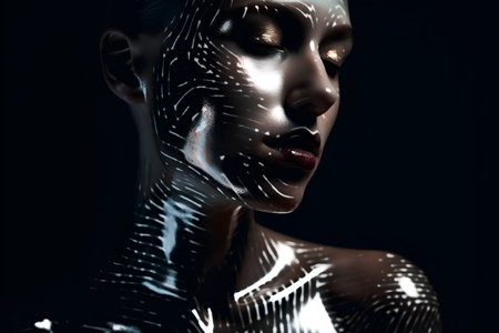Portrait of a beautiful young woman with metal bodyart. 3d renderingの素材