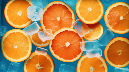 Frozen orange slices and ice cubes on blue background, top viewの素材