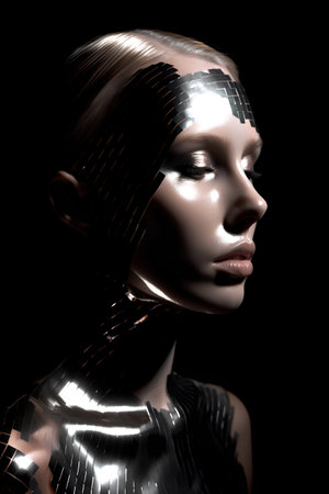 Portrait of a beautiful woman with metal headband. 3d renderingの素材