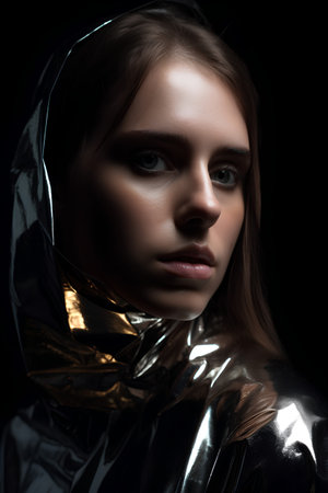 Portrait of a beautiful girl in a silver costume on a black backgroundの素材