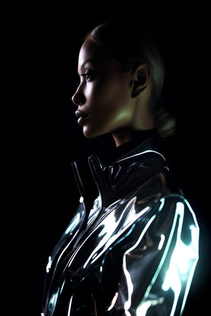 Futuristic woman in a silver suit on a black background.の素材