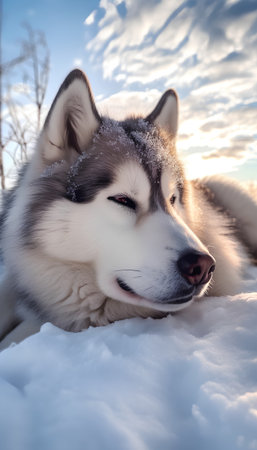 Siberian Husky lying on the snow in the winter sunsetの素材