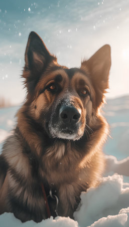 German shepherd dog portrait in snowy winter landscape. Shallow depth of field.の素材