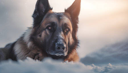 German shepherd dog lying on the snow and looking at the camera.の素材