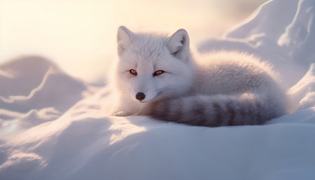Portrait of a white fox in the snow at sunset, Russiaの素材