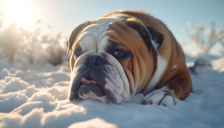 english bulldog lying in the snow in the sun. portrait.の素材