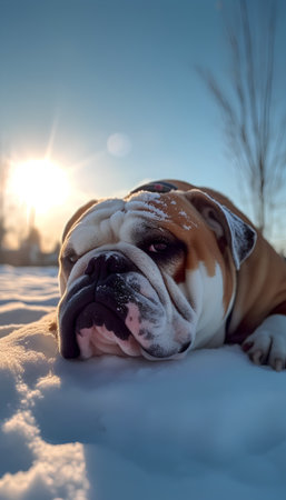 english bulldog lying in the snow at sunset. close-upの素材