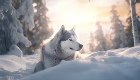 Siberian Husky dog on the background of the winter forestの素材
