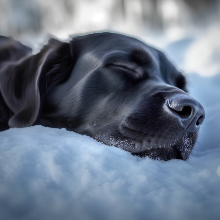 Black Labrador Retriever lying on the snow in winter forest.の素材