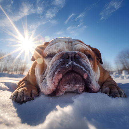 english bulldog lying on the snow and looking at the sun.の素材