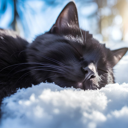 Cute black cat sleeping in the snow on a sunny winter dayの素材