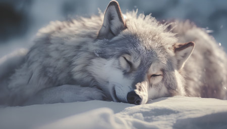 Portrait of a beautiful gray wolf lying on the snow in winterの素材