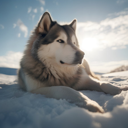 Alaskan Malamute dog lying on the snow at sunsetの素材