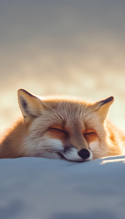 Close-up of a red fox sleeping on a bed at sunsetの素材