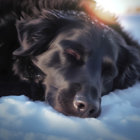 Portrait of a black retriever lying on the snow at sunsetの素材