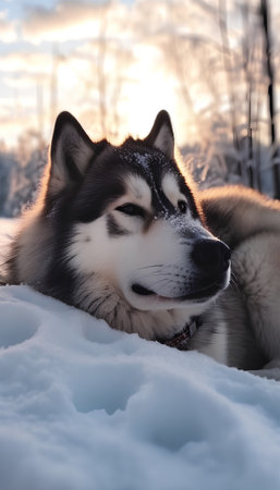 Alaskan Malamute lying on the snow in winter forestの素材