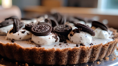 Chocolate cake with whipped cream and cookies on a plate. Selective focus.の素材