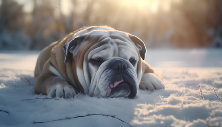 English Bulldog lying in the snow at sunset. Beautiful portrait of a dog.の素材