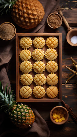 Pineapple cookies in a wooden tray on a wooden background.の素材