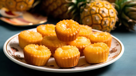 Pineapple cakes on plate with pineapple fruit on blue background.の素材