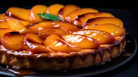 Delicious cake with fresh peaches on a black background. Selective focus.の素材