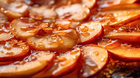 Peach slices with honey and spices, close-up, selective focus.の素材