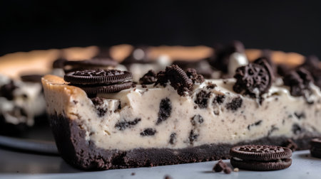 Chocolate cheesecake with chocolate chips on a black background. Selective focus.の素材