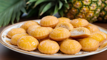 Thai dessert,Thai sweetmeat with pineapple on white plateの素材