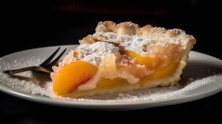 Apricot pie on a white plate with fork on a black backgroundの素材