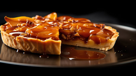 Peach tart with caramel on a black plate. Close-up.の素材