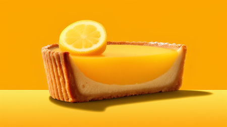 Lemon cake with slice of lemon on orange background. 3d illustrationの素材