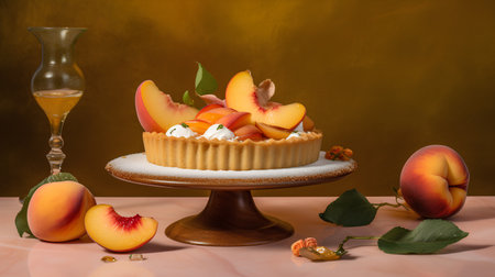 cake with cream and peaches on a stand on a yellow backgroundの素材