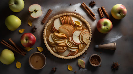 Homemade apple pie with cinnamon and apples on a dark background, top viewの素材