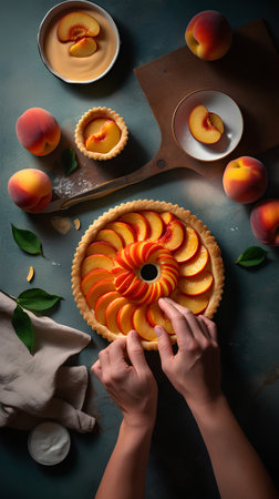 Woman's hands decorating peach tart with fresh peaches, top viewの素材