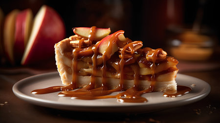 Piece of apple pie with caramel sauce on plate, closeupの素材