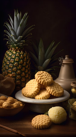 Pineapple cookies and pineapples on a wooden table.の素材