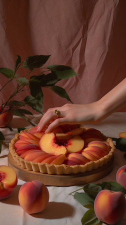 cropped view of woman holding tasty pie with peaches on tableの素材