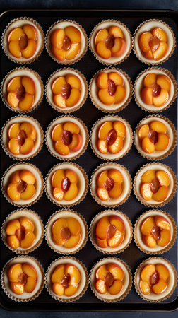 Homemade apricot tartlets in baking tray, top viewの素材